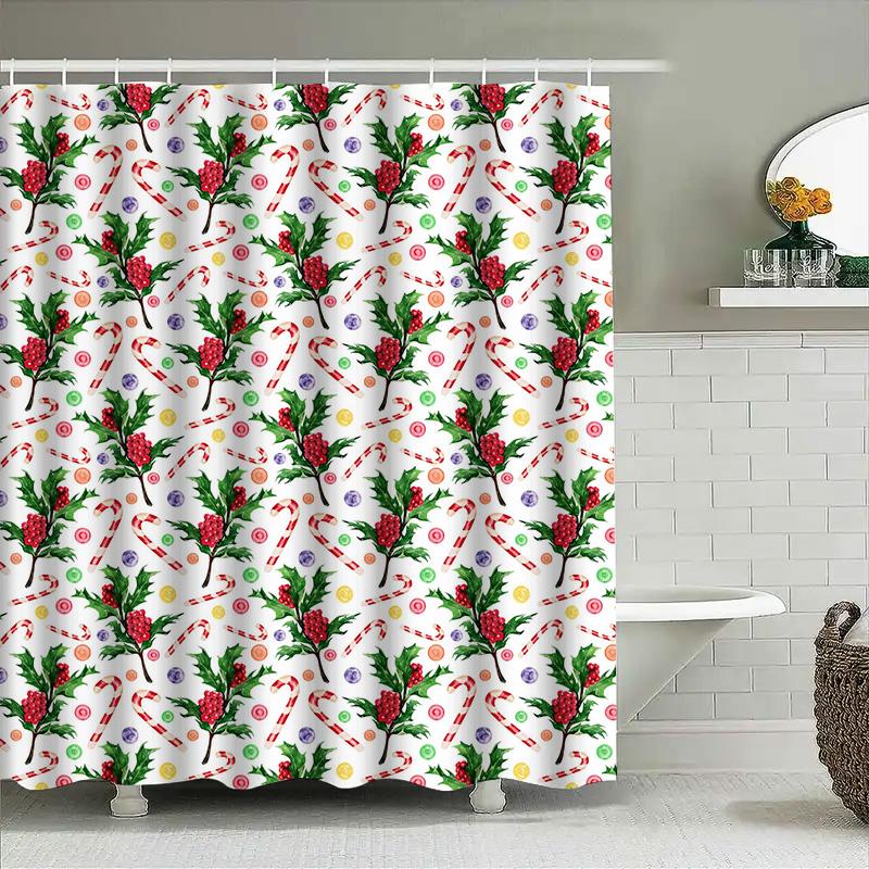

Vintage Christmas Floral Candy Cane Shower Curtain Festive Bathroom Decor for Home, Bath Tub Bathtub Easy Care Fabric Green Berr 90x180cm