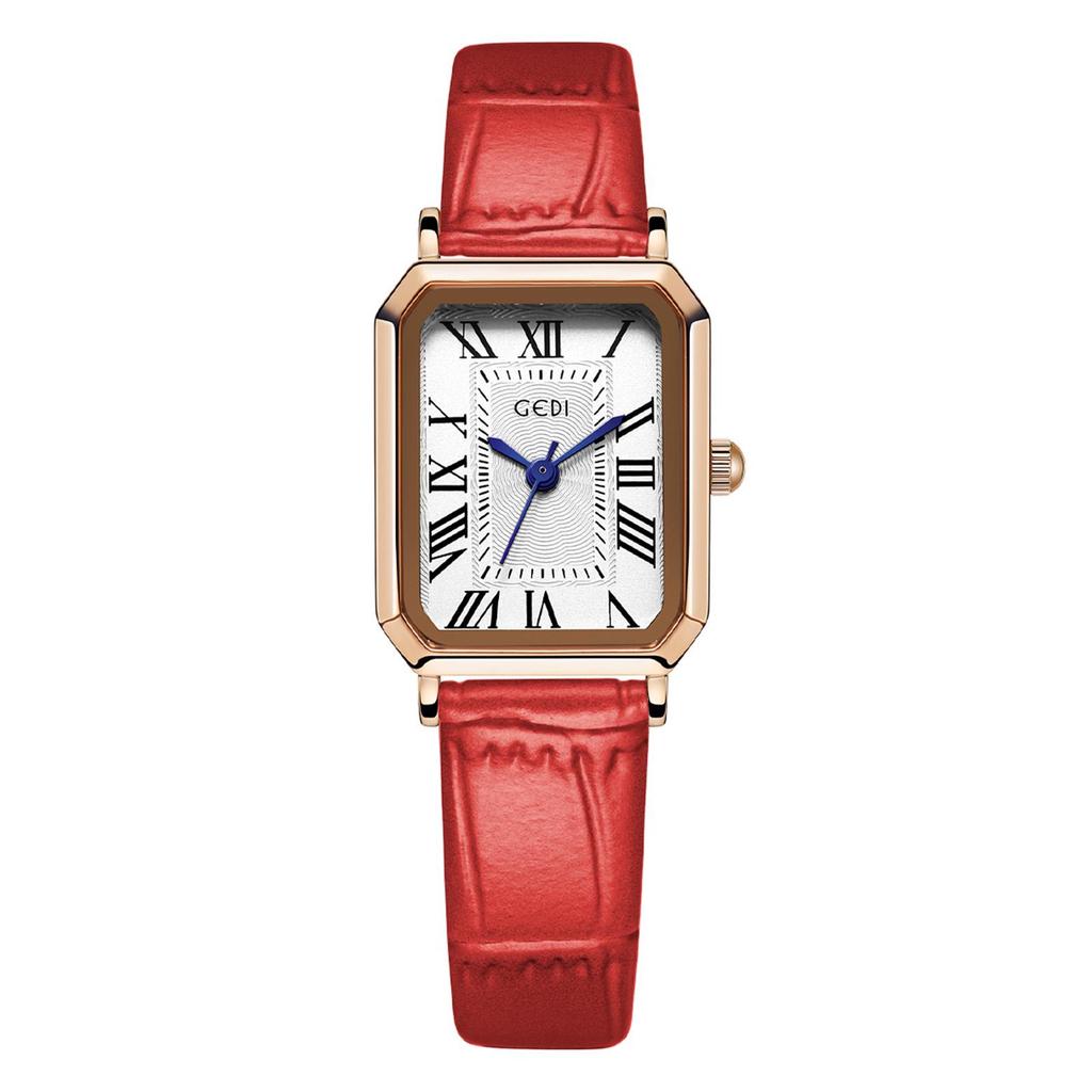 Gedi Women's Gold Square Retro Roman Numeral Leather Strap Quartz Watch – Artistic Daily Gift