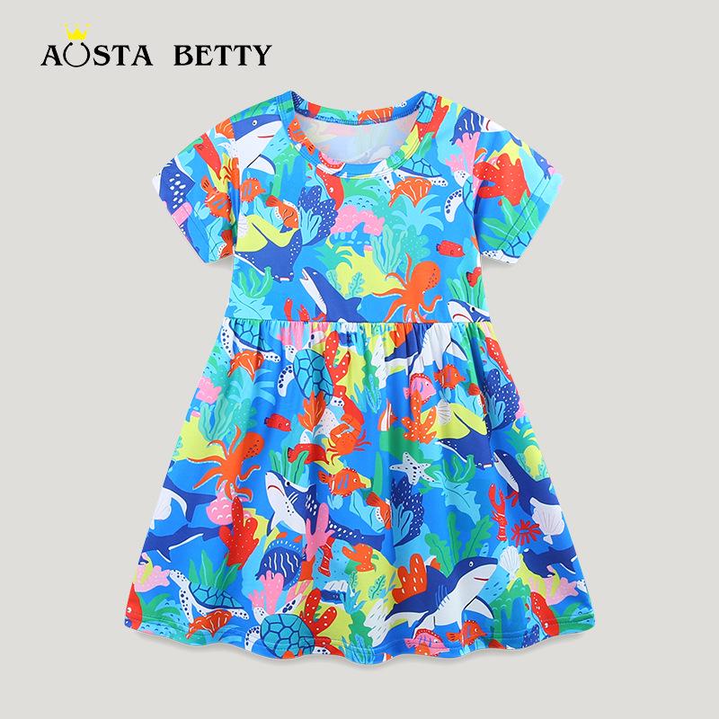 Summer Girls' Short-Sleeve Dress, European & American Style, Round Neck Princess Fashion.