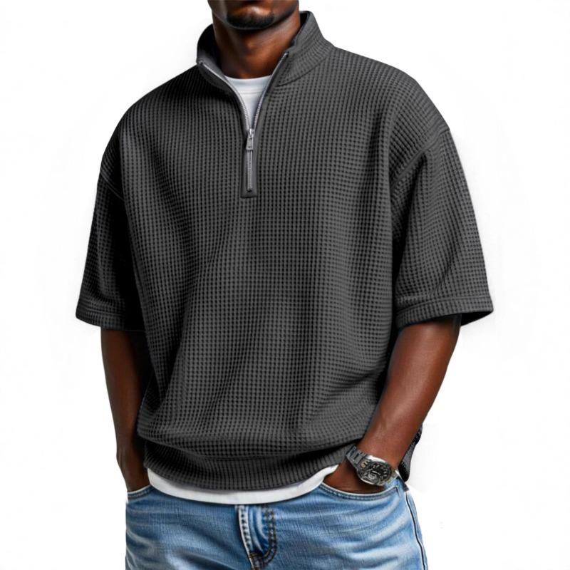 Mens Casual Solid Color Waffle Knit Half Zip Short Sleeve Sweatshirt S