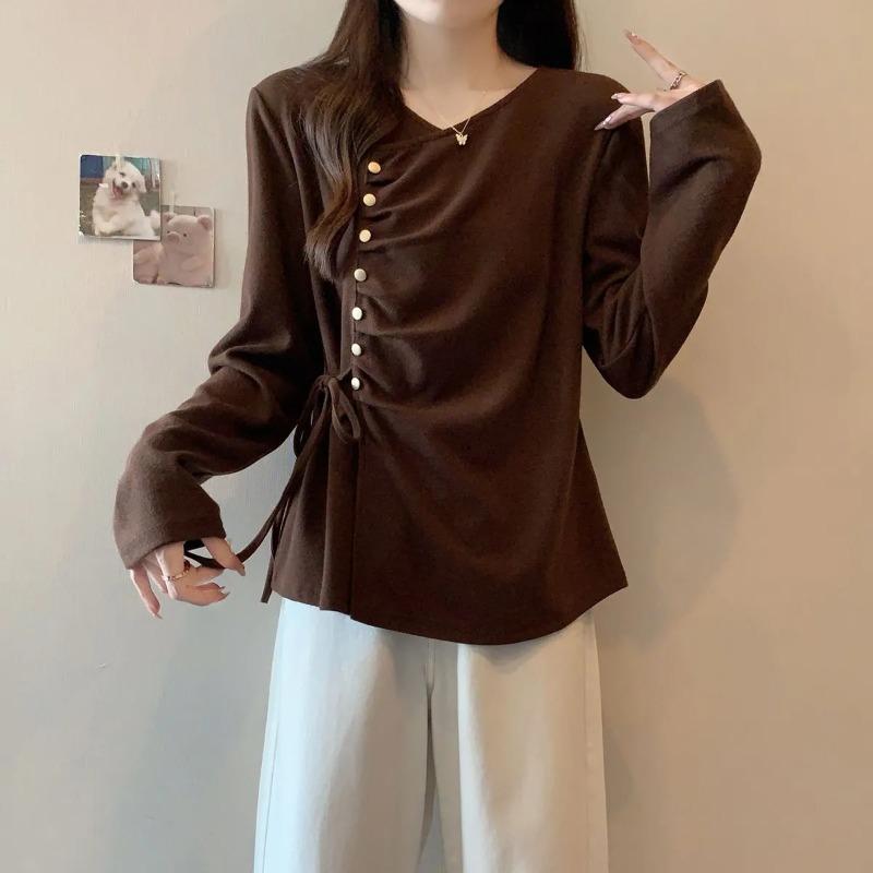 Mode Damen Langarm German Velvet Oberteile für Herbst Neuer Stil Unregelmäßiger Träger V-Ausschnitt Rechte Schulter T-Shirt Trendy