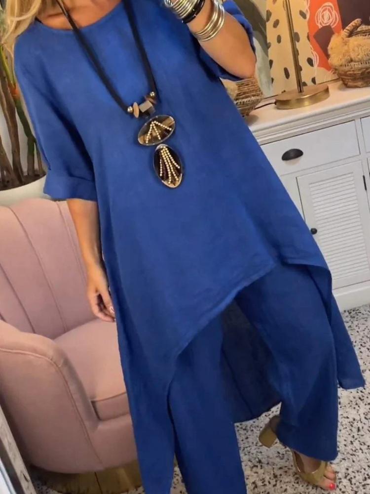 Damen Asymmetrischer Saum Lockeres Oberteil und Weitbeinige Hose Set in Mehreren Farben