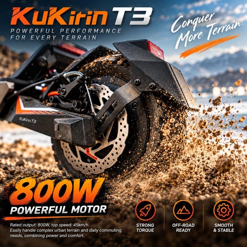 KuKirin T3 Electric Scooter for Adults, 800W Motor, 48V 15.6Ah Battery, 45KM/H Speed, 58KM Range, 10" Tubeless Tires, Foldable E-Scooter