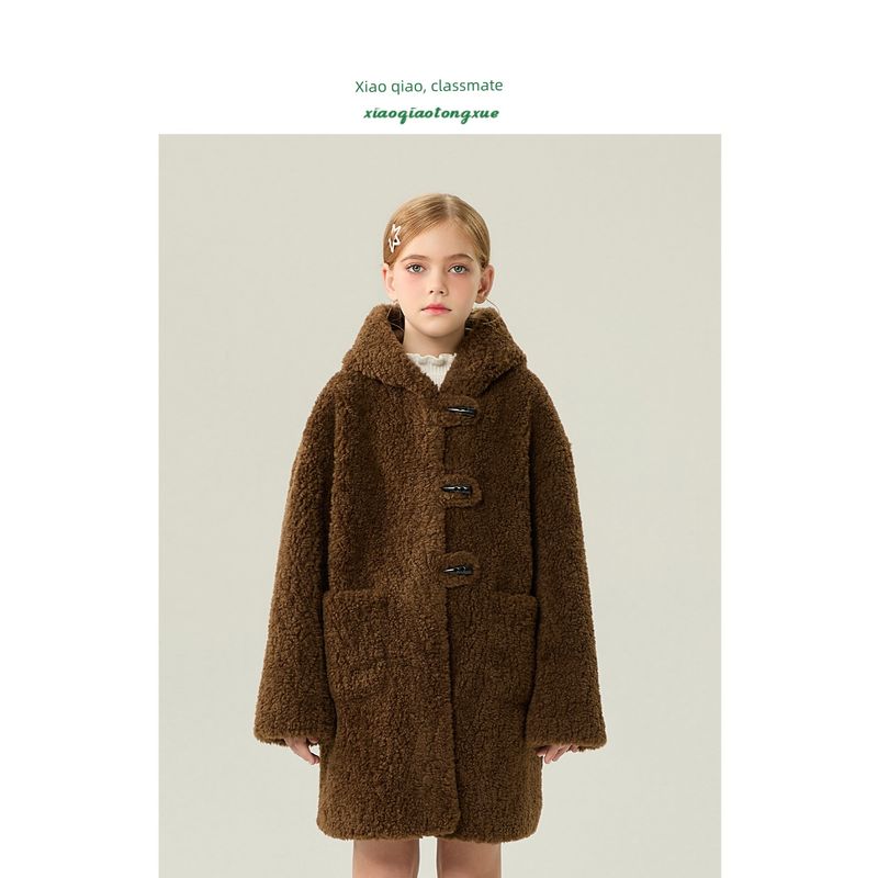 Children's Fur Coat 2025 Autumn and Winter New Style Girls' Imitation Lamb Wool Coat for Little Girls, Mid-Length Hooded