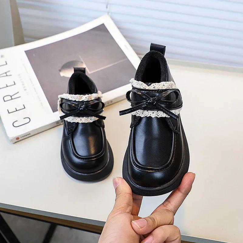 

Зимние туфли из кожи для маленьких девочек в стиле Лолиты, милые детские туфли принцессы, модные универсальные детские повседневные туфли Мэри Джейн из хлопка 23 чёрный