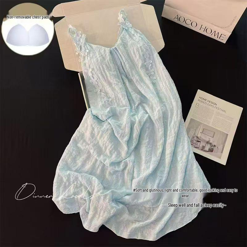 2026 Women's Summer Nightgown: Built-in Bra, Cloud Cotton, Butterfly Flower, Spaghetti Strap, Sexy Home Wear Set
