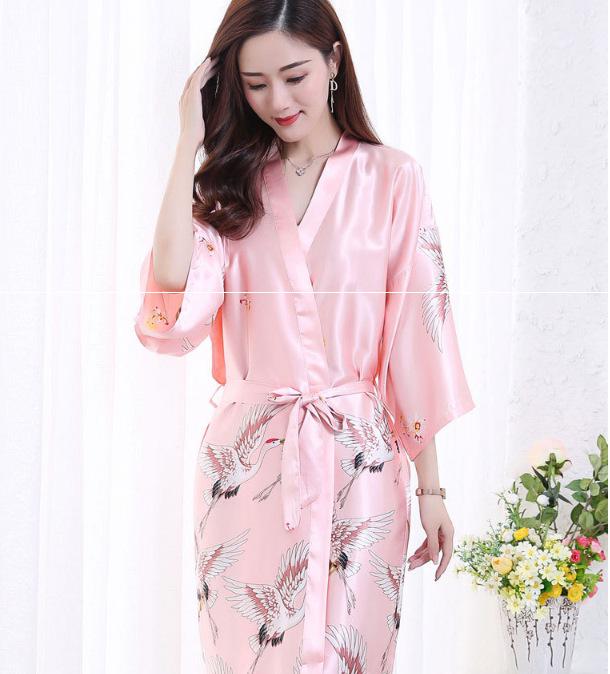 Extra Large Silk Kimono Robe with Crane Print - Plus Size Bridal and Homewear