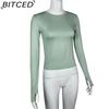 BITCED Women's Spring/Autumn T-Shirt Solid-Colour O-Neck Base Layer Slim-Fit Long-Sleeved Top