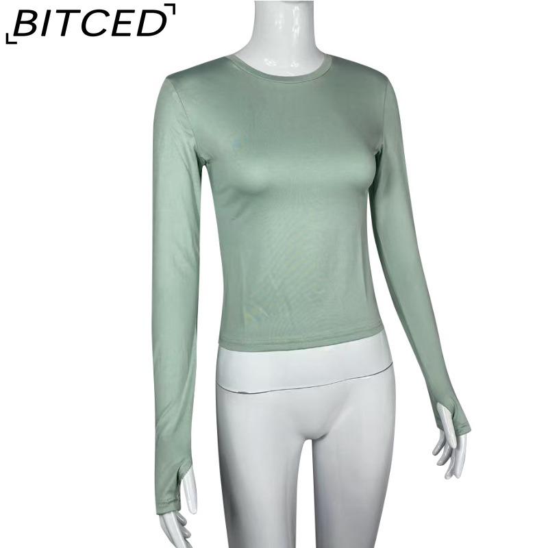 BITCED Women's Spring/Autumn T-Shirt Solid-Colour O-Neck Base Layer Slim-Fit Long-Sleeved Top