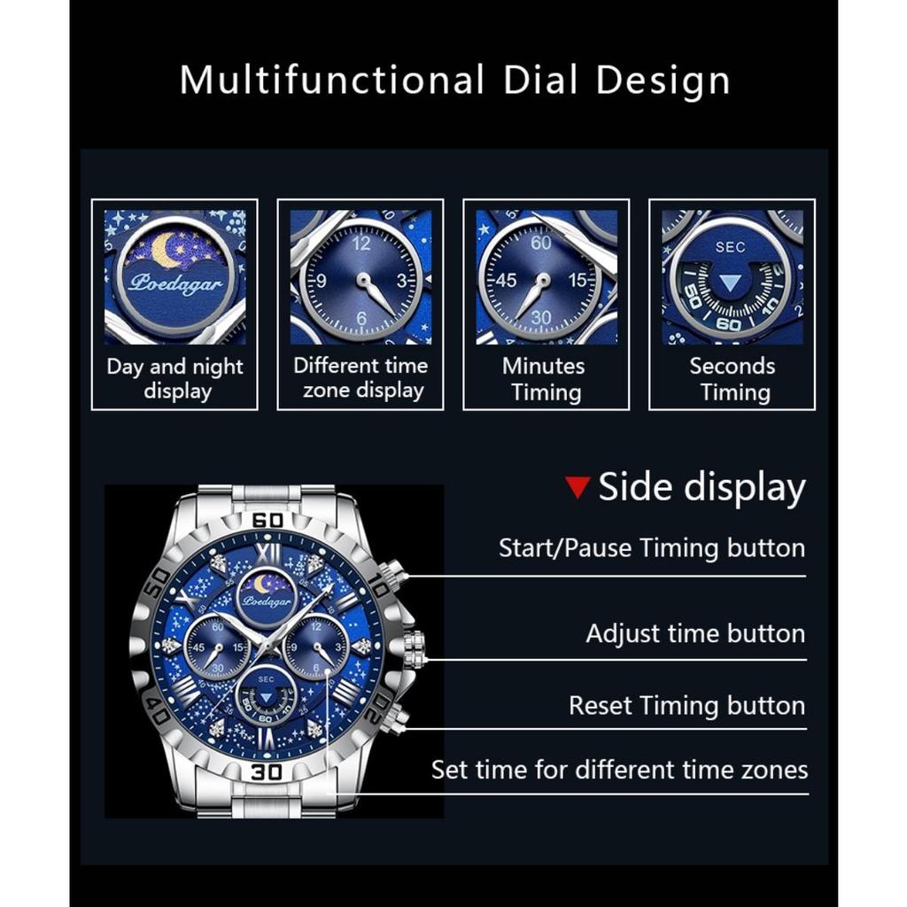 POEDAGAR Luxury Watch for Man Quartz Sports Men Watch Waterproof Luminous Stainless Steel Chronograph Watches