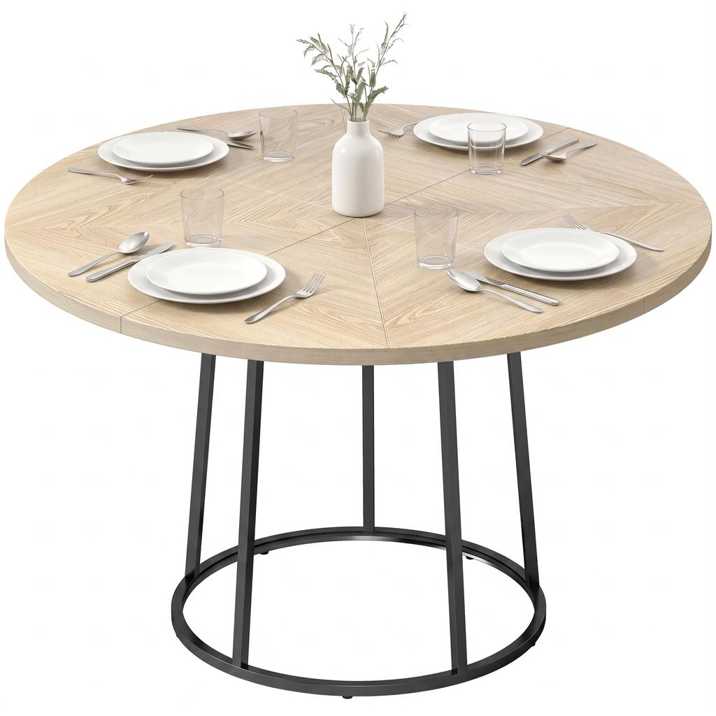 Round Dining Table for 4-6, 120 x 75 cm Diameter, Conical Metal Base, Natural Wood