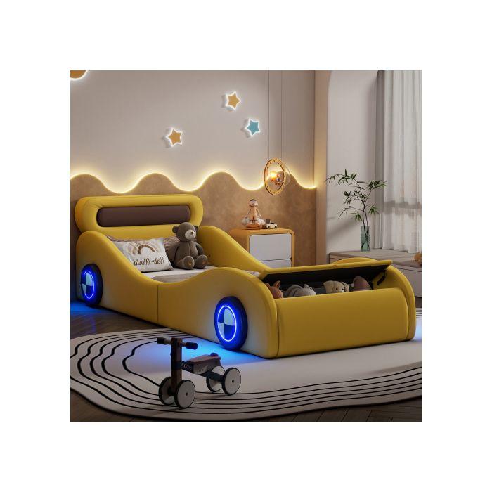 Gepolstertes Kinderbett - MUVOE - 90x200cm - Gelb - Leuchtende Räder - Stauraum