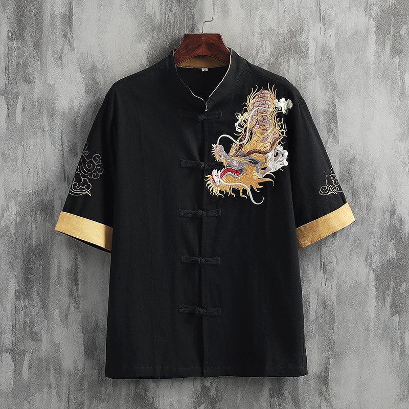 Men's Summer Embroidered Dragon Cotton Linen Shirt - Zen Style Tang Suit