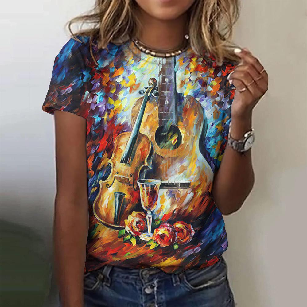 Women's Oversize T-Shirt 3d T-Shirt With Guitars Print Summrt O-Neck Short Sleeve Tops Rock Tee Streetwear Y2k Female Clothing