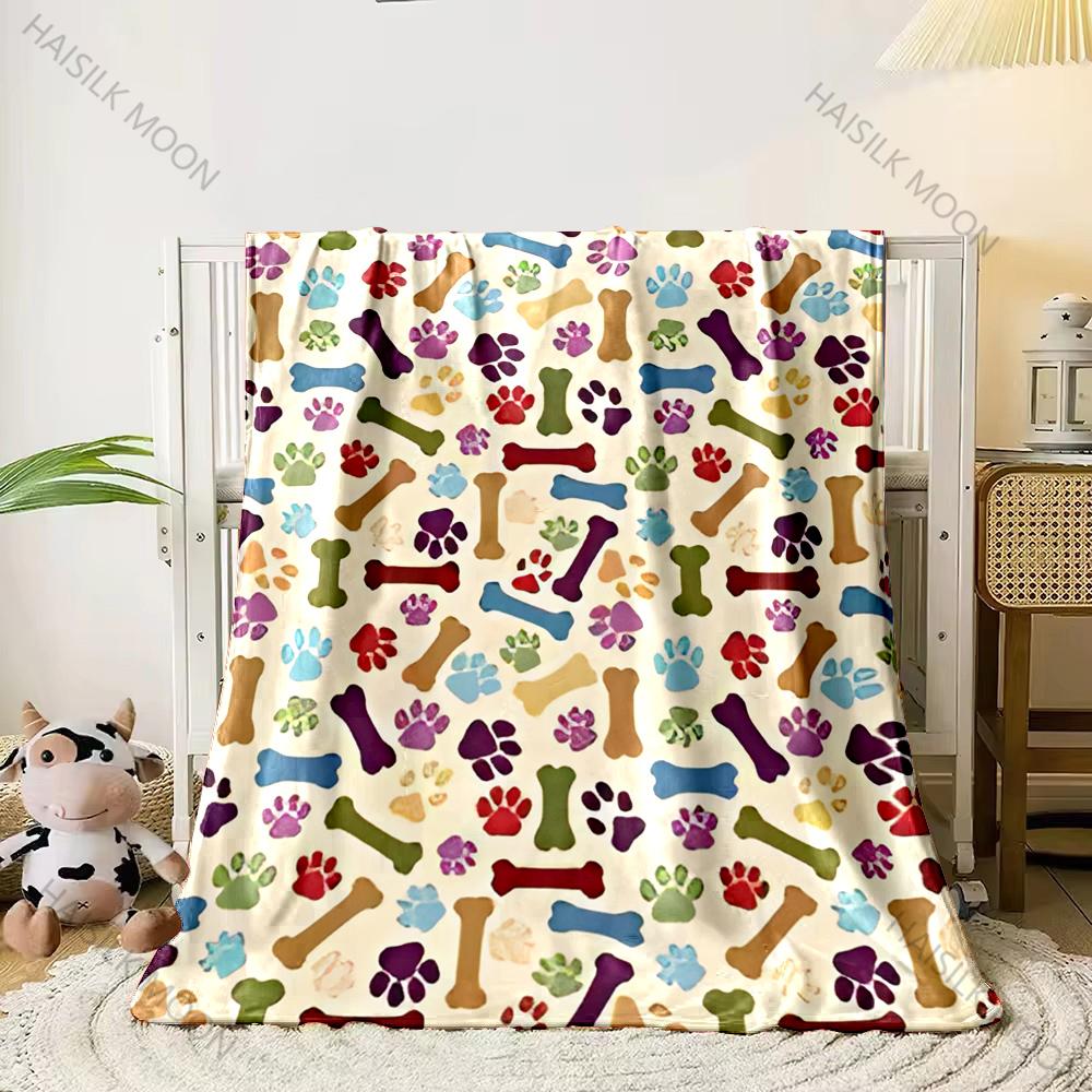 Multi-Size Cute Dog Bone and Paw Printed Throw Blanket, Bedding, Throw Blanket for Couch & Bed Great Gifts for Boys and Girls