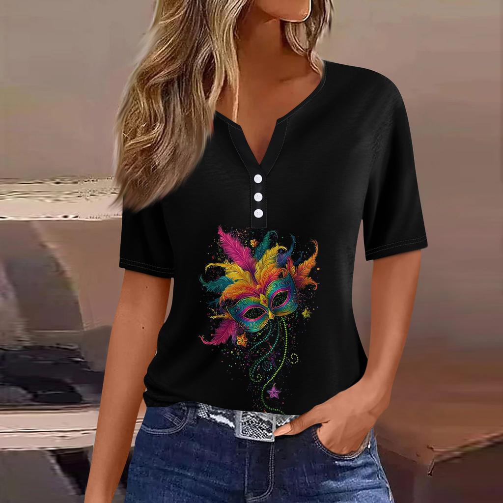 Damen-T-Shirt, T-Shirt, bedruckt, Knopfleiste, kurzärmelig, für den Alltag, Wochenende, modisch, Basic, V-Ausschnitt, normales Oberteil