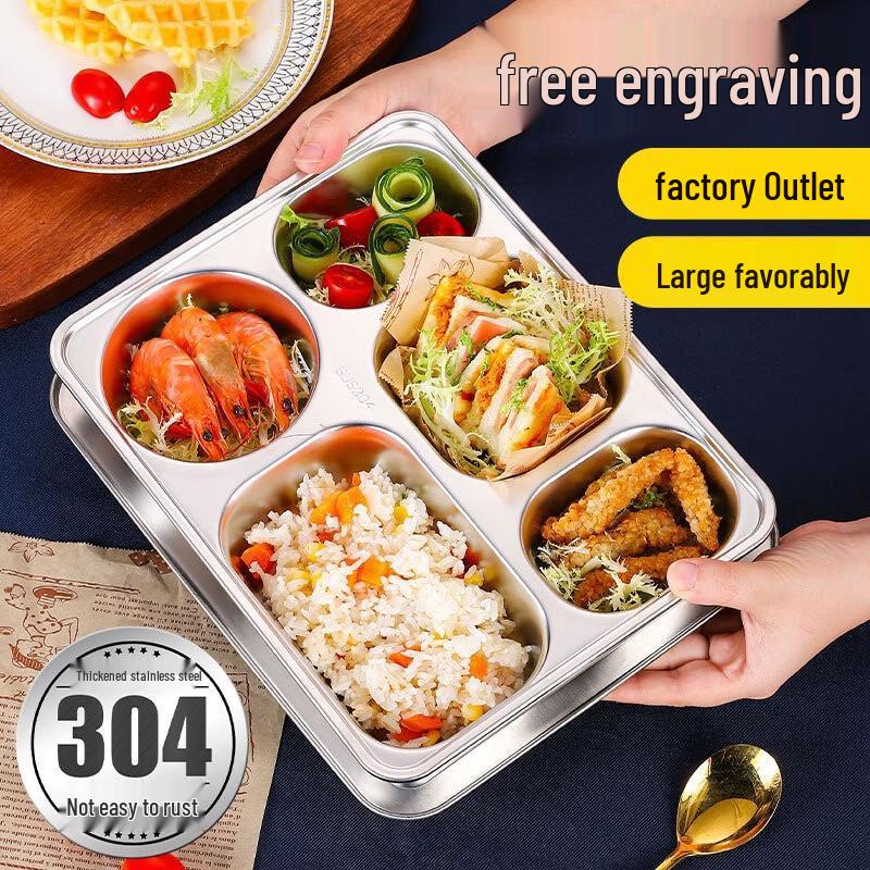 304 Stainless Steel Four-Compartment Canteen Tray - 10 Pack
