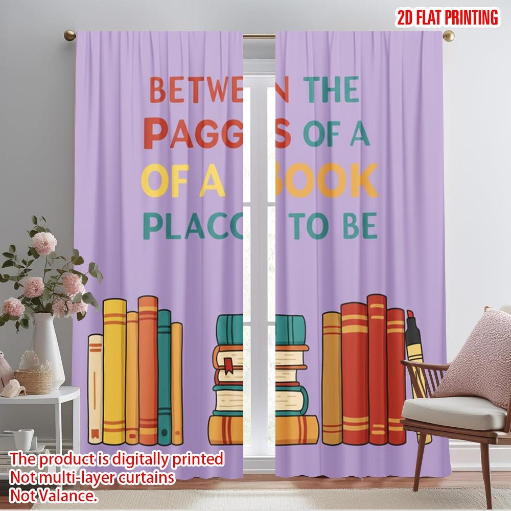 

2pcs 2D flat printing Drapes Bookshelf illustration quote reading Polyester Without Electricity Festive Holiday Use for Yard & 52.50×116.00 CM 2pcs