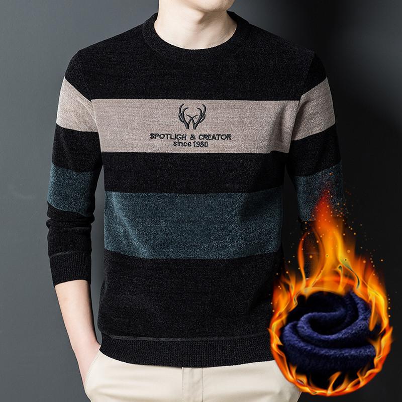 Pull en Molleton Chenille pour Homme Chaud Rayé Color-block Pull de Fond Épaississement Plus Velours pour Homme Hiver