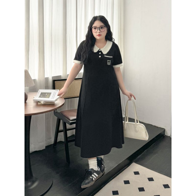 Plus size women clothing [Preppy Black Dress] Contrast Color Doll Collar Embroidered High Waist Belly Covering Summer Short sleeve Dress