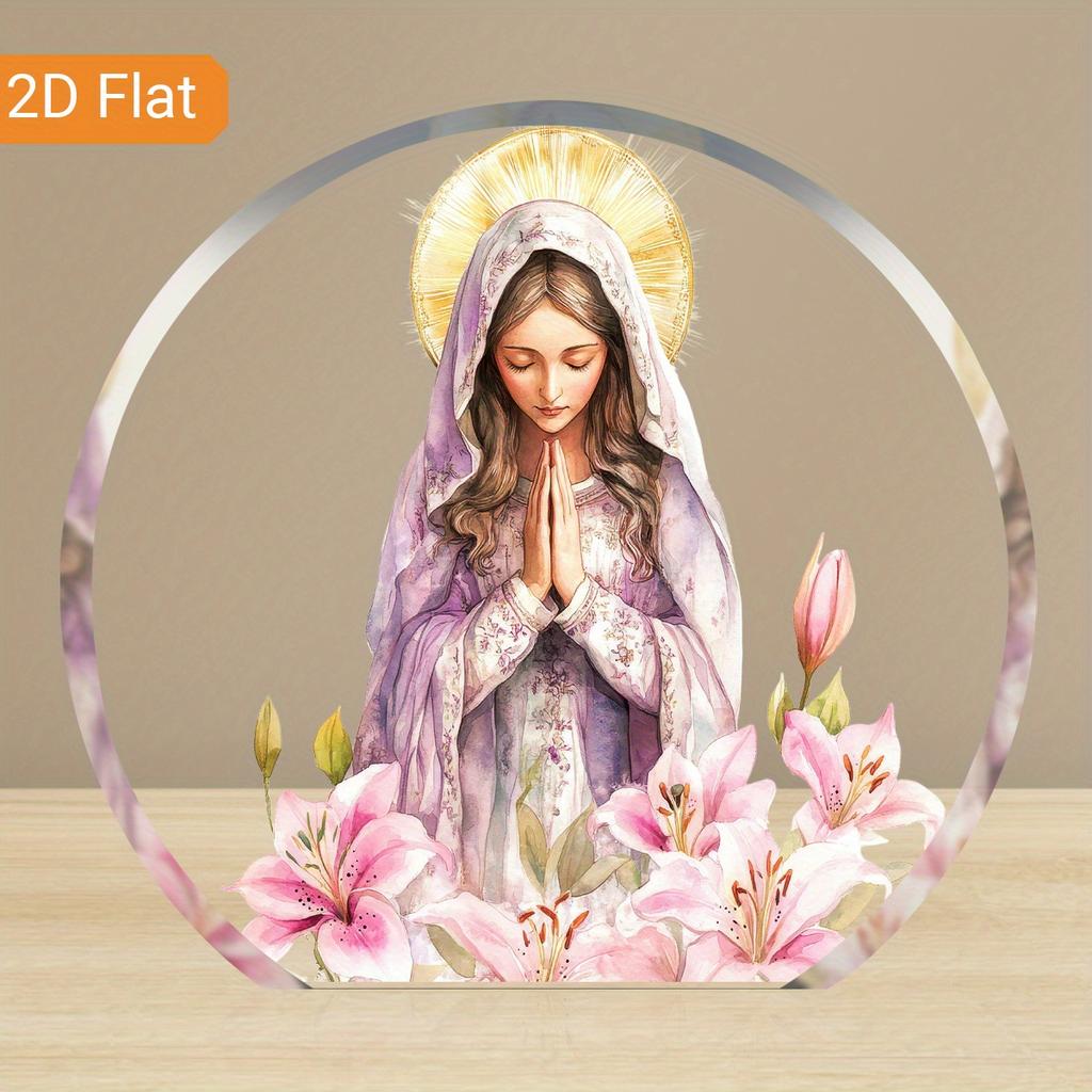 1pc Virgin Mary Acrylic Religious Decorative Plaque with Lilies Wreath - Vintage Style Tabletop Ornament for Christmas & All Holidays