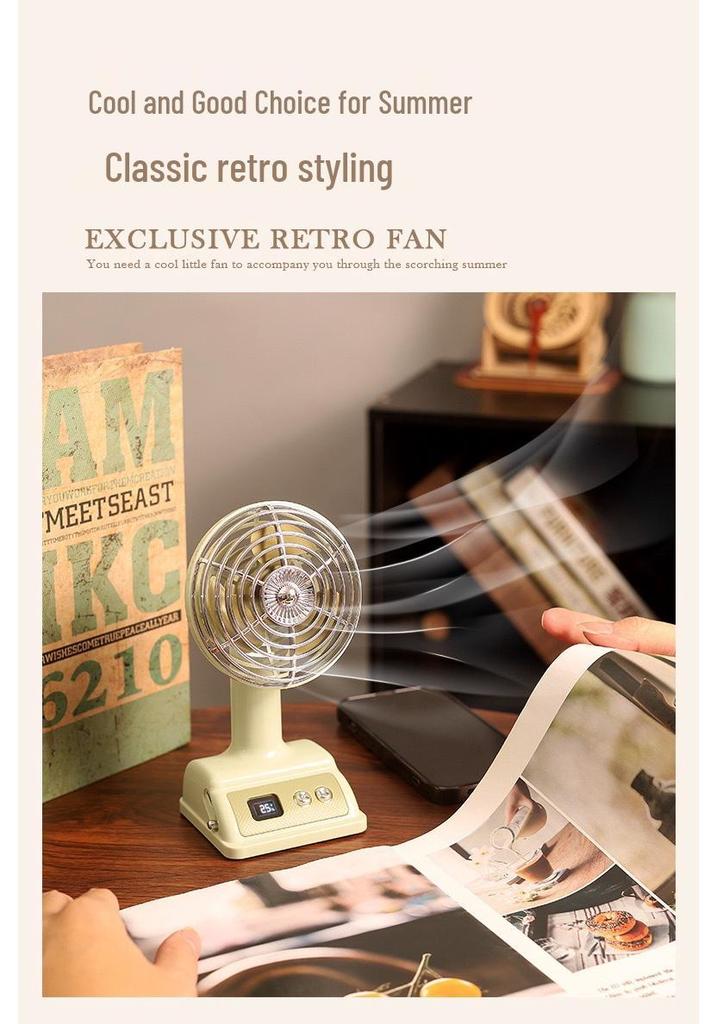 Retro USB Desk Fan - Compact Digital Display for Office, Dorm, or Home