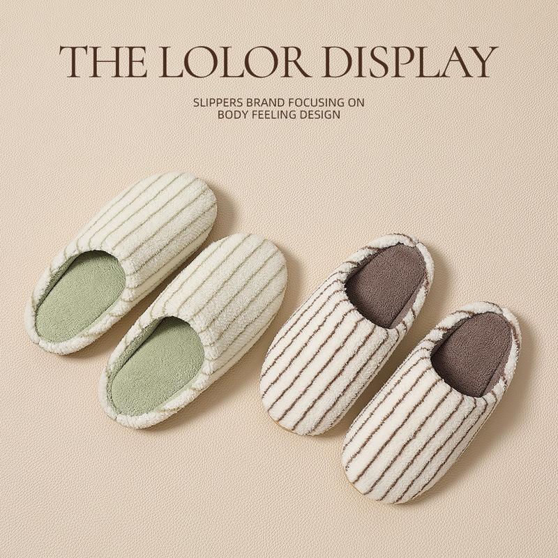 Japanese striped plush warm couple slippers autumn and winter new indoor soft bottom non-slip home cotton slippers