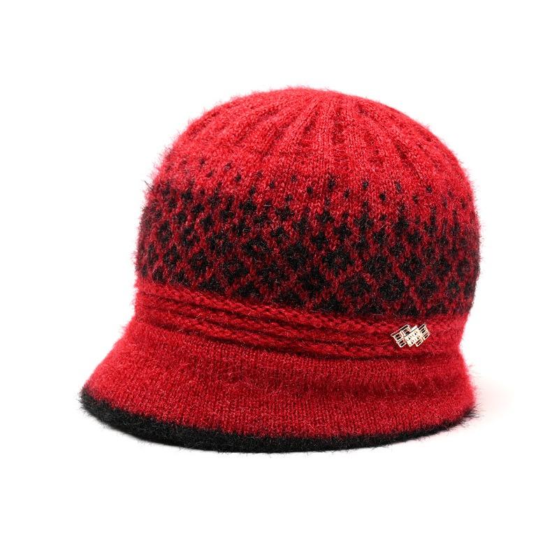 Hat Women's Autumn and Winter New Big Brim Wool Hat Old Lady Fleece Warm Ear Protector Knitted Hat