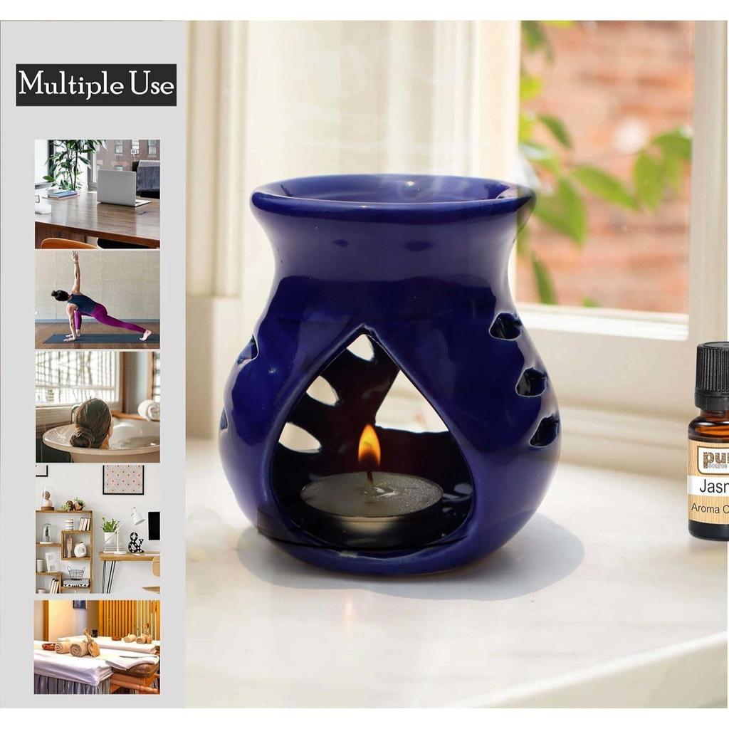 Ceramic Clay Candle Operated Aroma Burner|Oil Diffuser Coming with 1 Tea Candle (Blue ; 9 Cm)