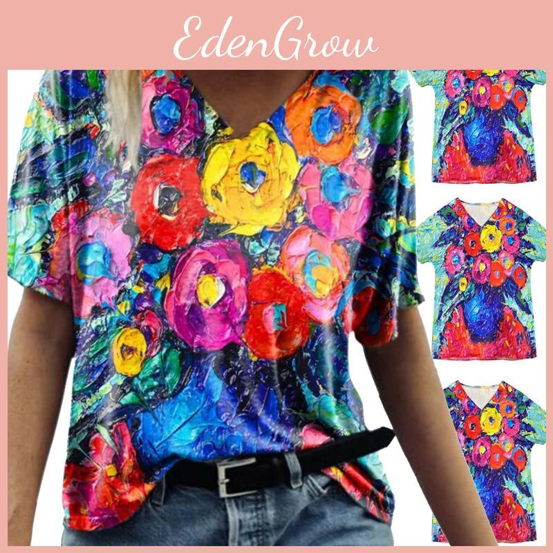 Summer Casual T Shirt With Floral Print And V Neck For Women