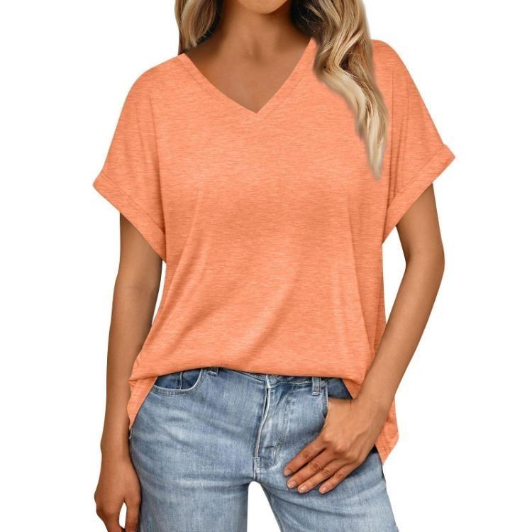 Damen Sommer V-Ausschnitt T-Shirt Locker Kurzarm Einfarbig Mode Top