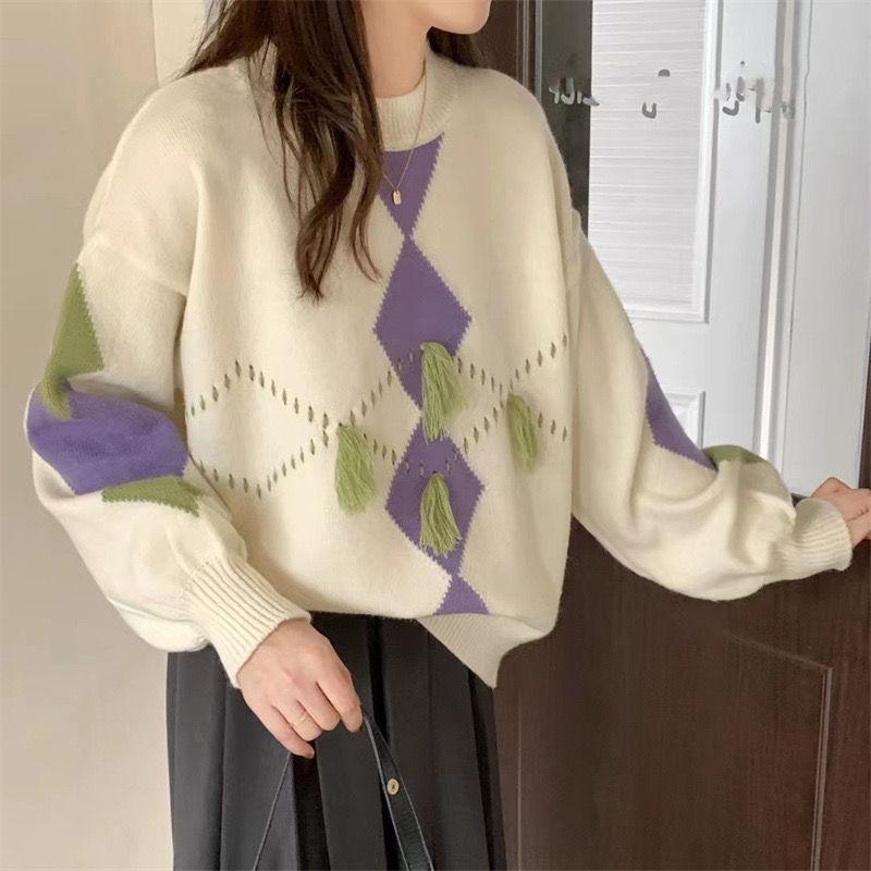 

Свободный женский и универсальный вязаный свитер, осенне-зимний свитер с круглым вырезом и длинными рукавами, пуловер, женские топы One Size абрикосовый