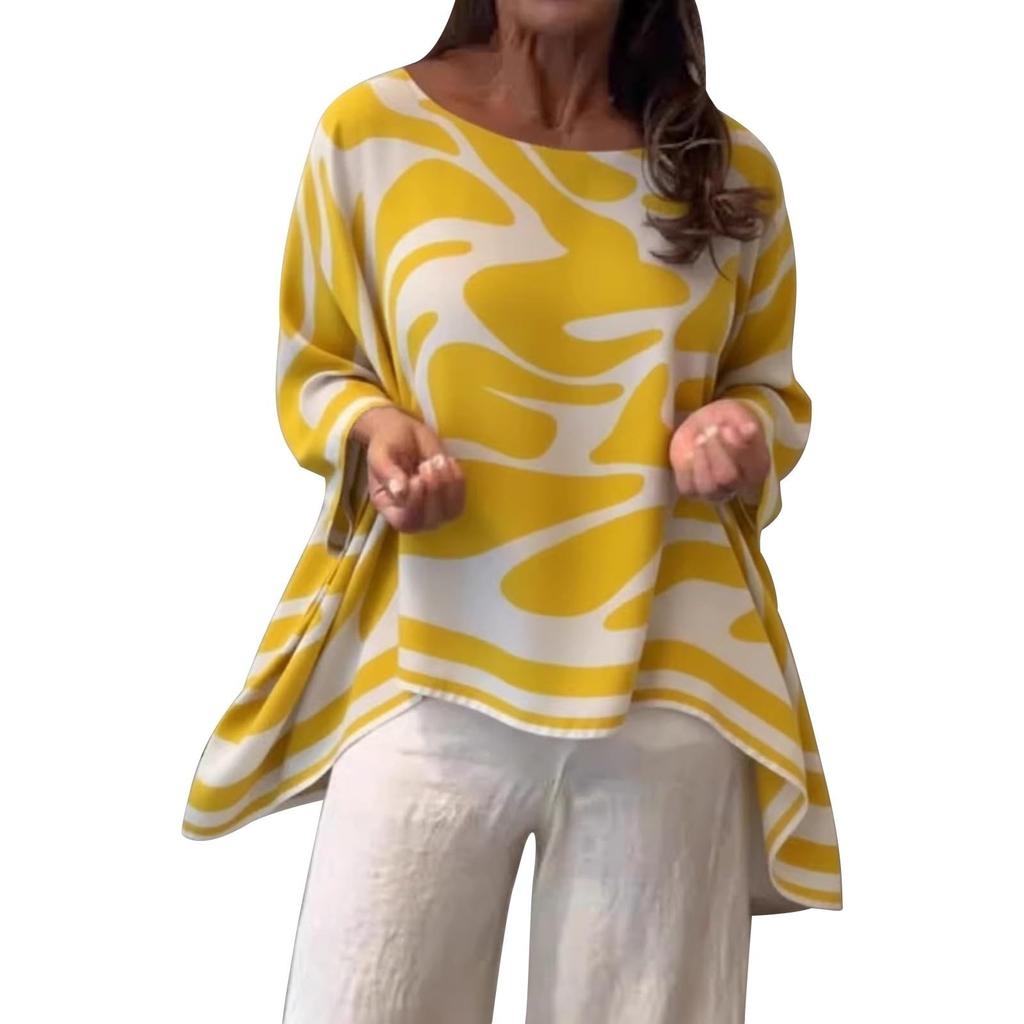 Damen lockere lässige Chiffonbluse Langarm bedruckt Oversized Tunika Top Leichtes atmungsaktives Gewebe Bequeme Passform