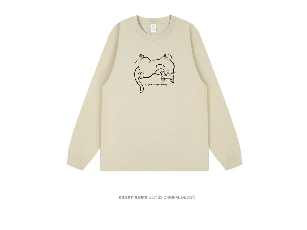 Niche Trend Hand-Painted Cat Print Long Sleeve T-Shirt - Korean Style Autumn/Winter