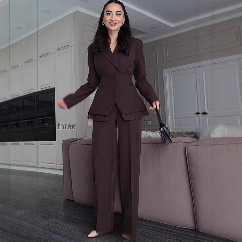 2025 Autumn European & American Elegant Solid Color Waistband Blazer & Suit Pants Set