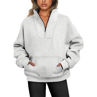 Women's Sweatshirt Stand Collar Solid Color Fashion Pocket Zipper Tops Casual Loose Fleece Ribbed Pullover