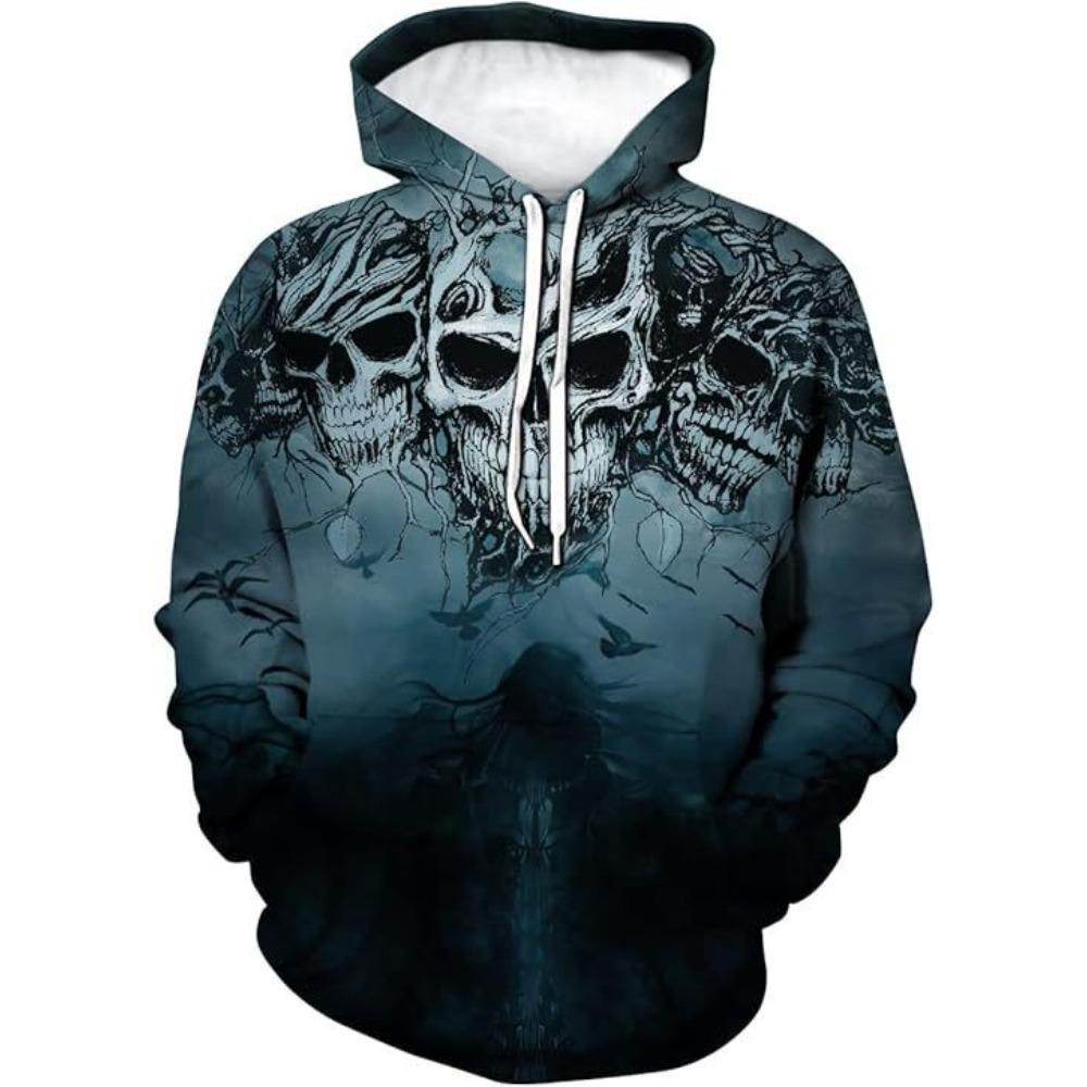 Autumn Winter Creative Skull 3D Digital Printed Men's Loose Fitting Pullover Hoodies Fashionable Long Sleeved Hoodies