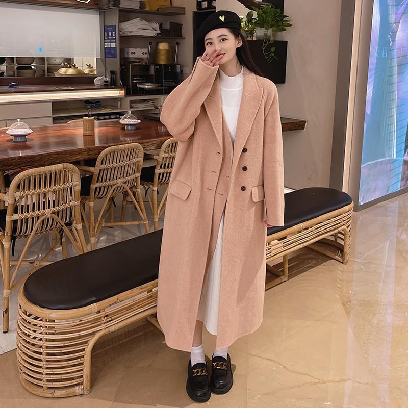 

Pink suit collar, essential wool coat for autumn and winter wear, medium and long high-end cashmere coat S recommends 90-60kg рожевий