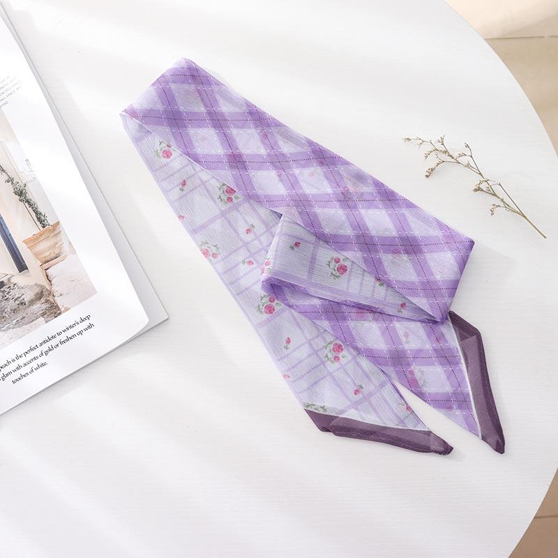 

New Style Summer French Retro Purple Tied Hair Small Floral Long Silk Scarf Headband Braided Hair Chiffon Thin Ribbon Scarf 100cmX6cm