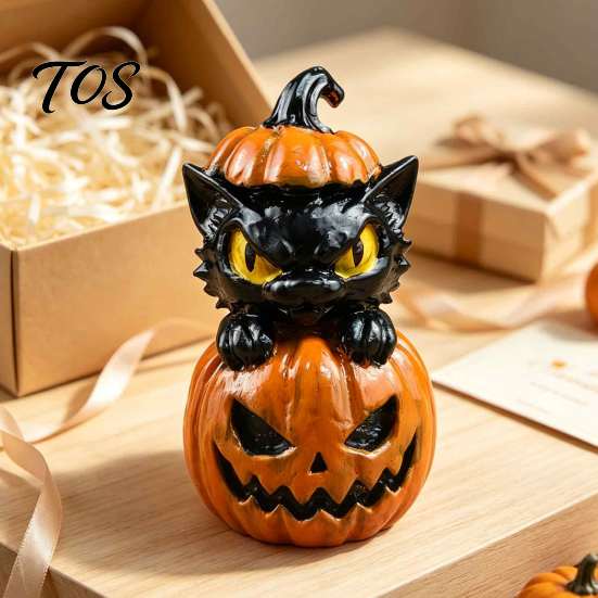 Decorative Desktop Sculptures Halloween Black Cat & Pumpkin Resin Ornaments, Cute Figurines, Artistic Craft Collectibles Cartoon And Statue