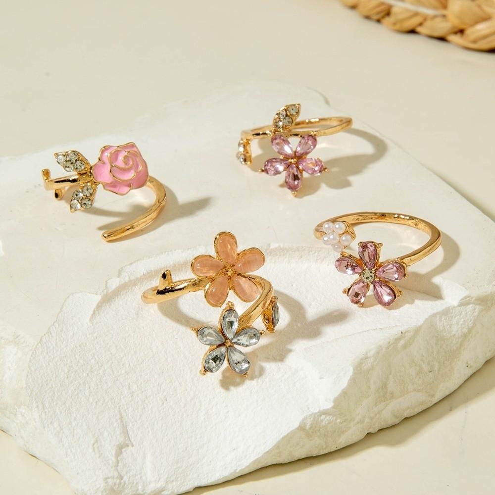 4 pcs Crystal Rhinestone Flower Rings Simple Finger Jewelry Sweet Opening Finger Ring  Gifts