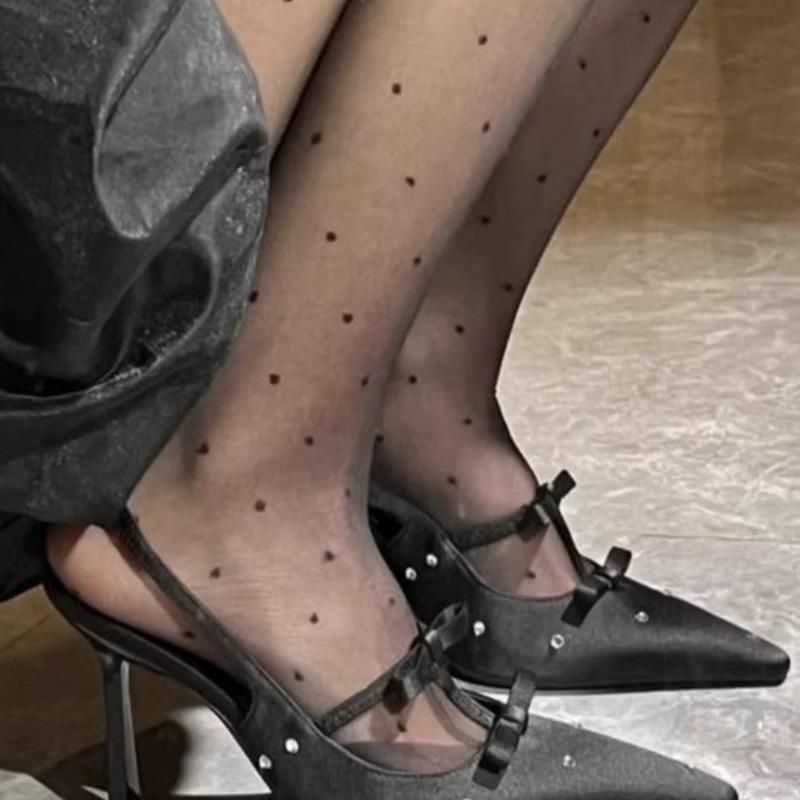 Design Sense Polka Dot Rhinestone Bow Sexy Black High Heels Small Square Head Beautiful Light Mouth Backempty Shoes