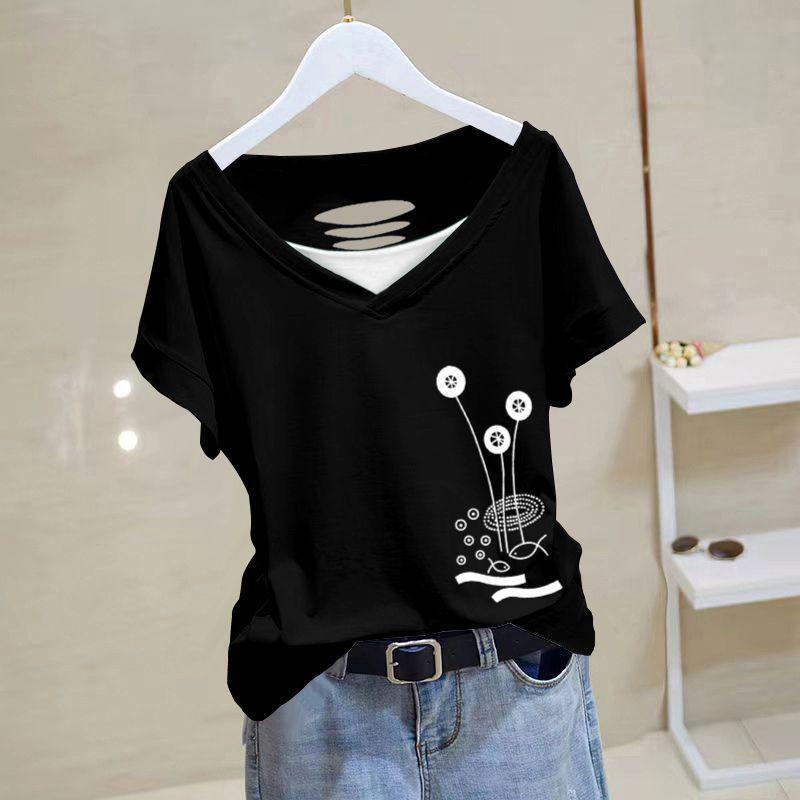 

Летний женский хлопковый топ с V-образным вырезом и рваными деталями - Короткий рукав 2XL [120-130 lbs suggested]