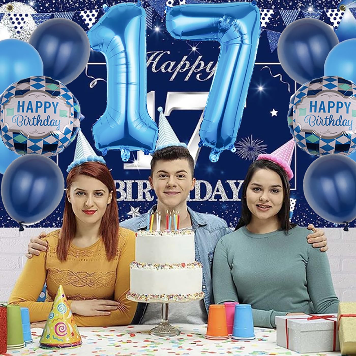 17th Birthday Decorations Party Supplies,29 Pcs 40inch Number 17 Blue Balloons set,17th Foil Mylar Balloons Latex Balloon Decoration,17th Party