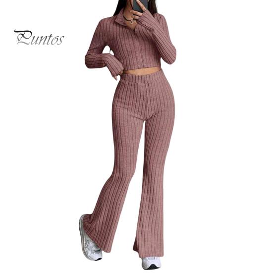 2 Pcs/Set Women Spring Commuting Outfit Top Flared Pants Set Zipper Closure Thread Stand Collar Coat High Waist Sport Tracksuit Elastic Daily Clothes
