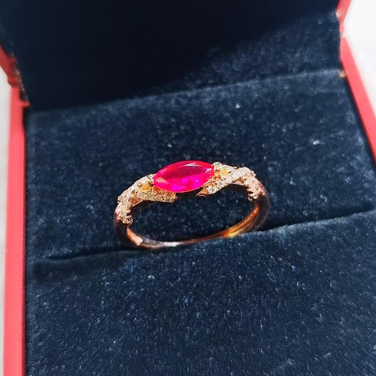 Rose Gold Plated Pigeon Blood Red Marquise Cut Ruby Open Ring - Women s Fashion Gemstone Jewelry Adjustable
