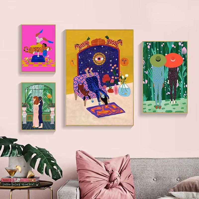 Abstrakte Kunst Frau Stimmung Sofa Dschungel Pyjamas Poster Leinwandmalerei Lustig Alltag Wandkunst Bild Wohnzimmer Heimdekoration