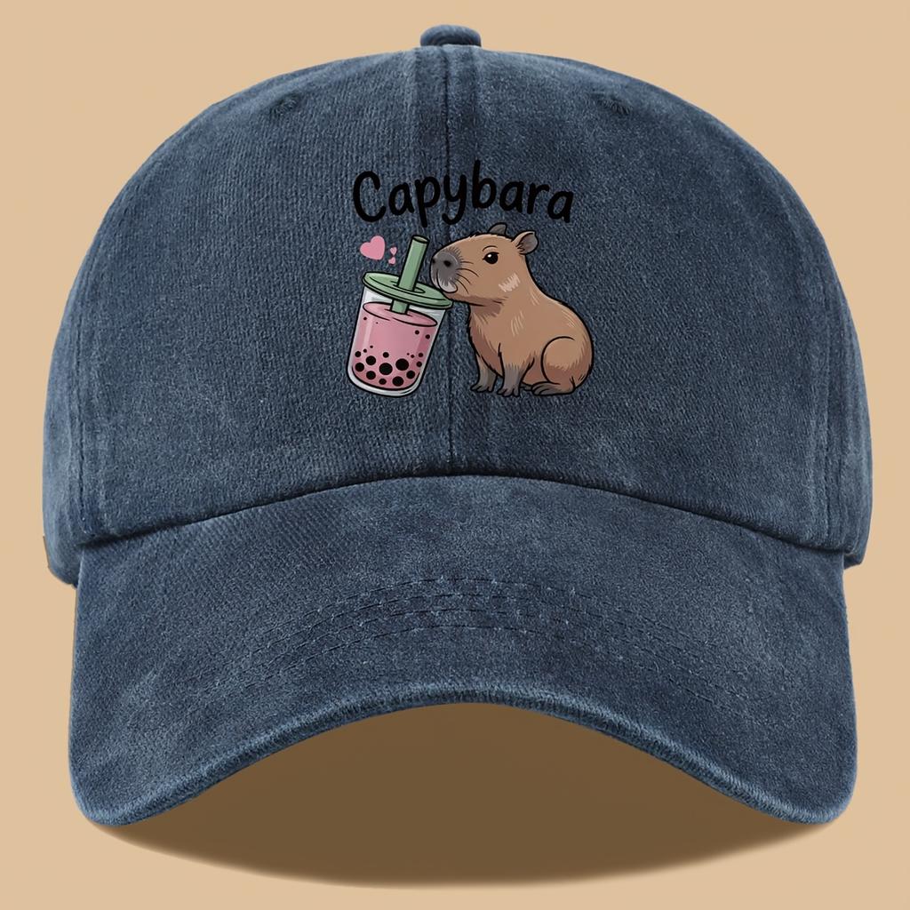 PC Niedliches und Stilvolles Design Bedruckte Baseballkappe mit Capybara Milchtee Trink-Aufdruck Urbane Lässige Kopfbedeckung Schwarz Papa Trucker
