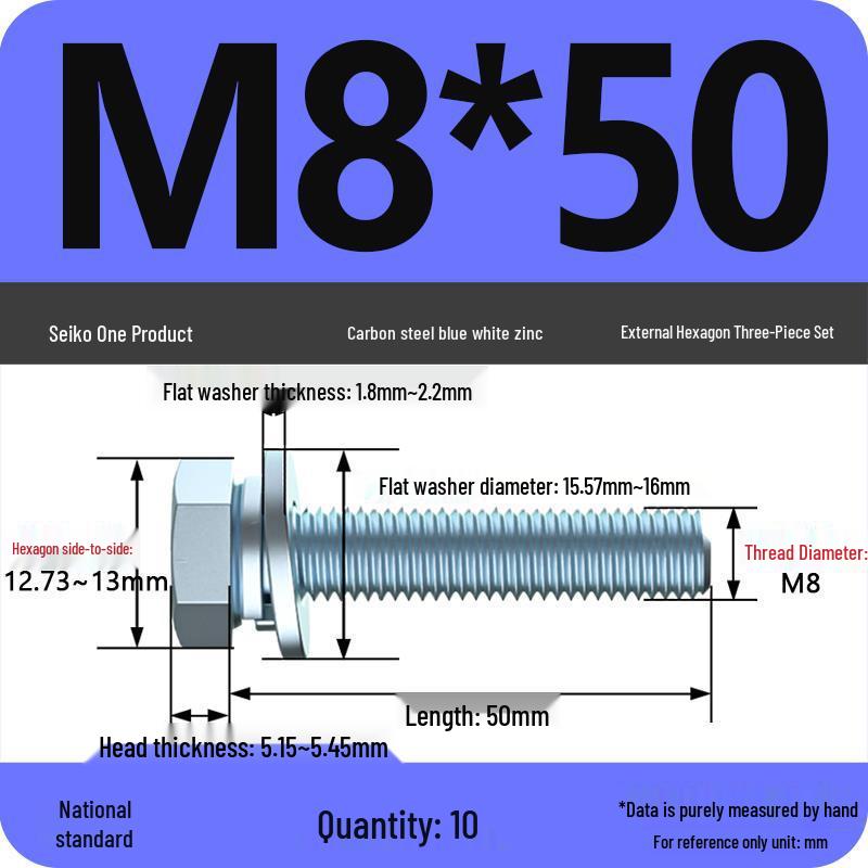 Grade 8.8 Galvanized Hex Head Screw Set with Hex Bolt, Spring Washer, and Flat Washer (Sizes: M4, M5, M6, M8, M10, M12)