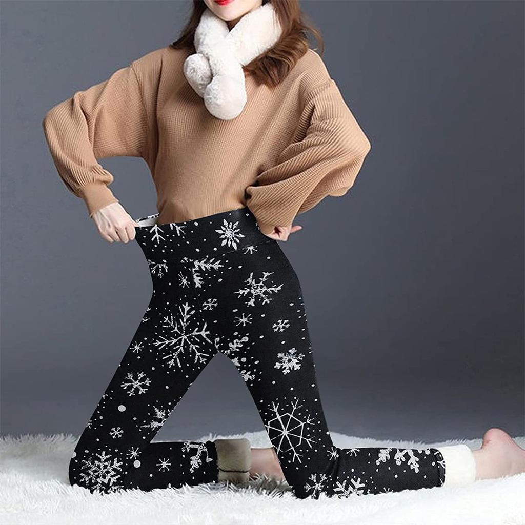 Womens Christmas Print Thickened Lambswool High Waist Stretch Thickened Cashmere Warm Pants